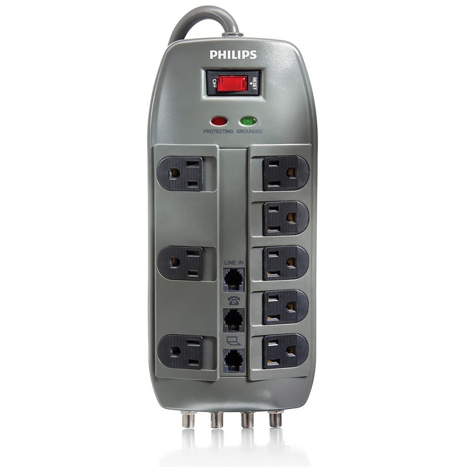 Philips Consumer Electronics, Philips Consumer Electronics SPP5085F/37, surge strip, 8 outlet, coax & phone, 4320J, black
