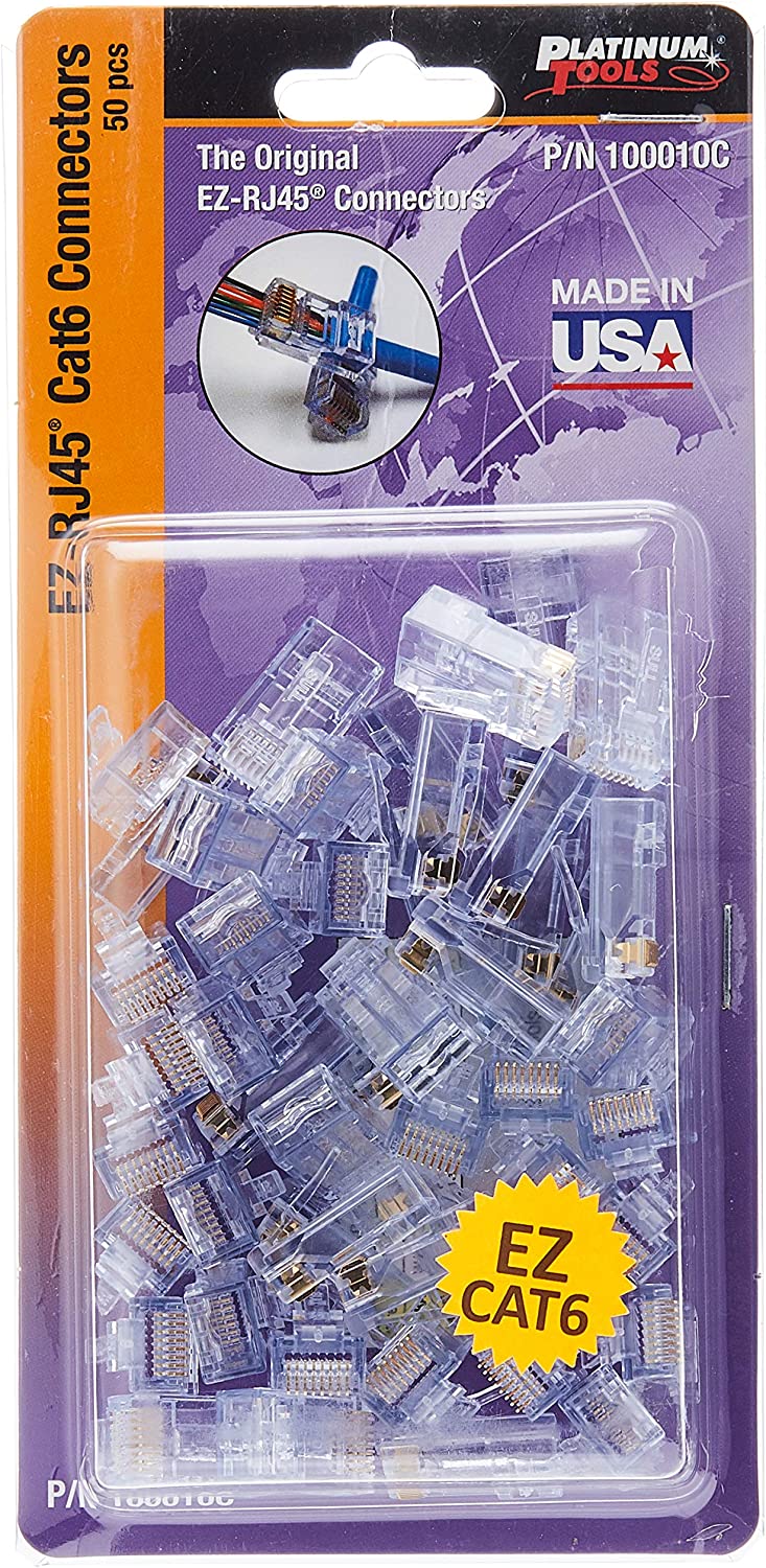 Platinum Tools, Platinum Tools 100010C, EZ crimp RJ-45 connectors, CAT 6, 50 pack