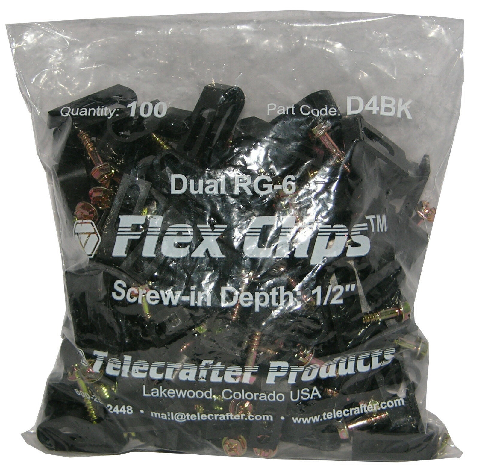 Telecrafter, Telecrafter D4BK, Flex Clips for dual RG-6 or RG-59 Coax cable, 1/2" screw, 100/bag