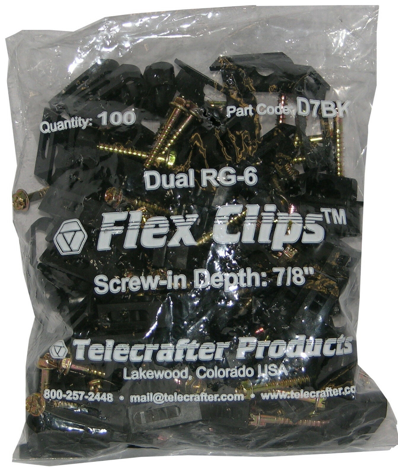 Telecrafter, Telecrafter D7BK, Flex Clips for dual RG-6 or RG-59 Coax cable, 7/8" screw, 100/pack