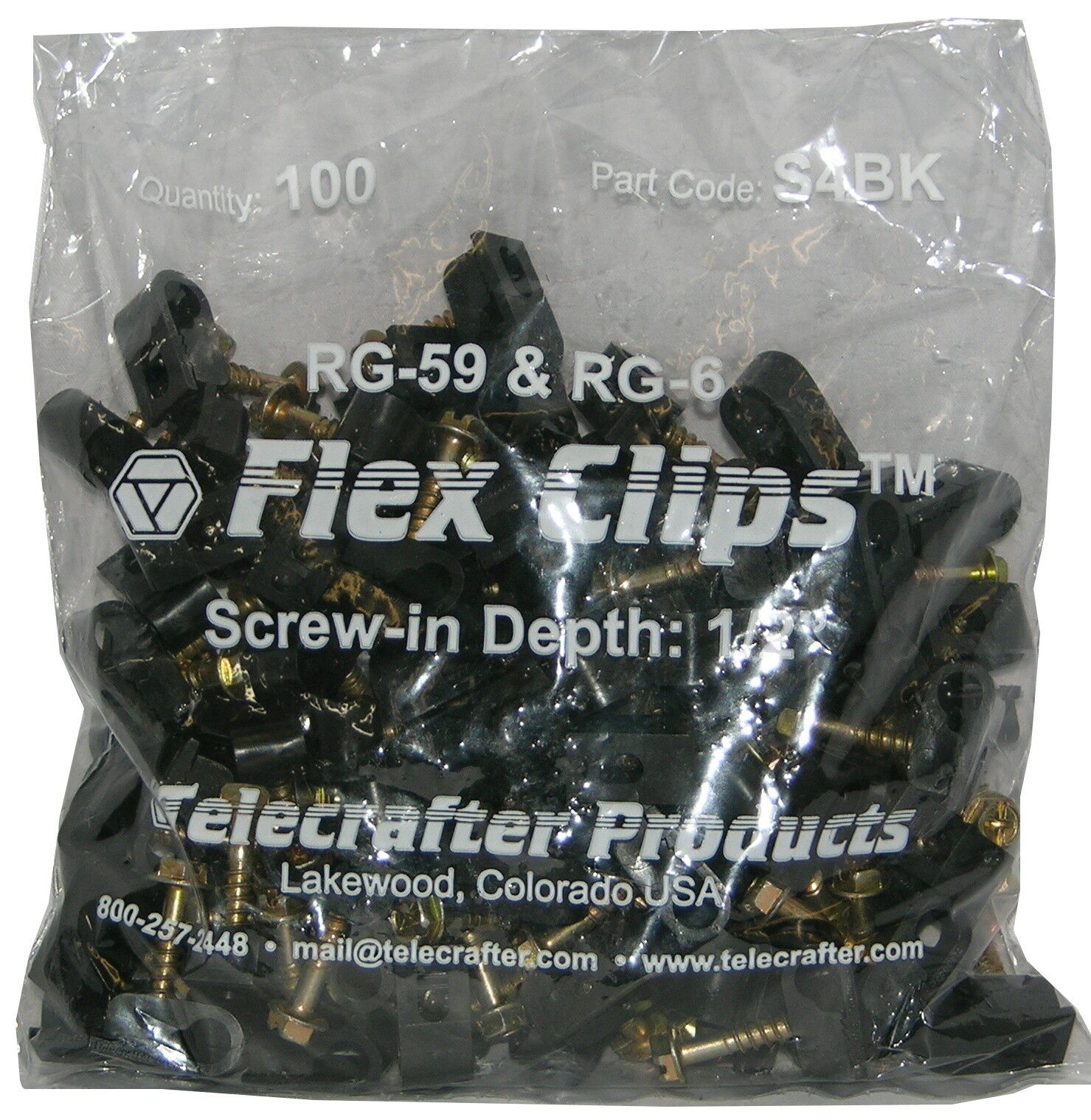 Telecrafter, Telecrafter S4BK, Flex Clips for RG-6 or RG-59 Coax Cable, 1/2" screw, 100/bag
