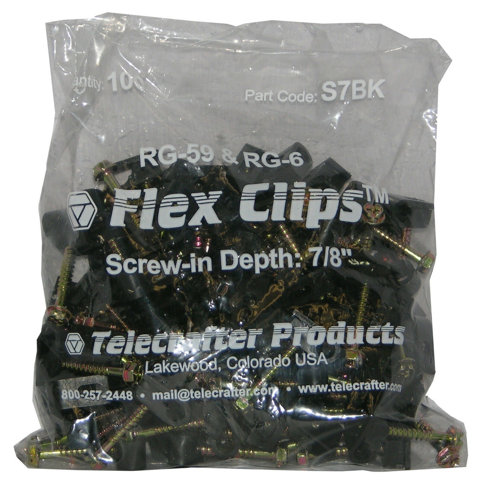 Telecrafter, Telecrafter S7BK, Flex Clips for RG-6 or RG59 Coax Cable, 7/8" screw, 100/bag